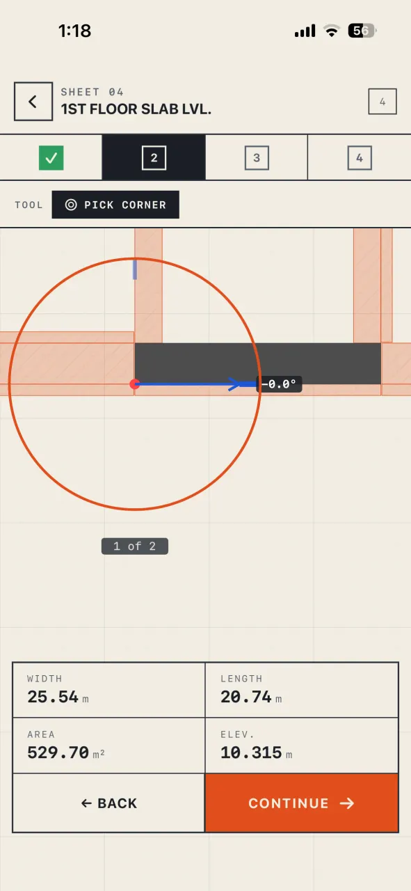 Sheet 04, the first floor slab plan open in DeltaARBIM, with the slab measured and the pick corner tool ready.