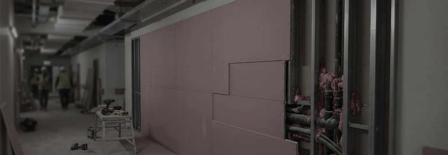 A rated compartment wall being boarded in a hospital corridor, with services still open behind it, the point where healthcare BIM validation happens.