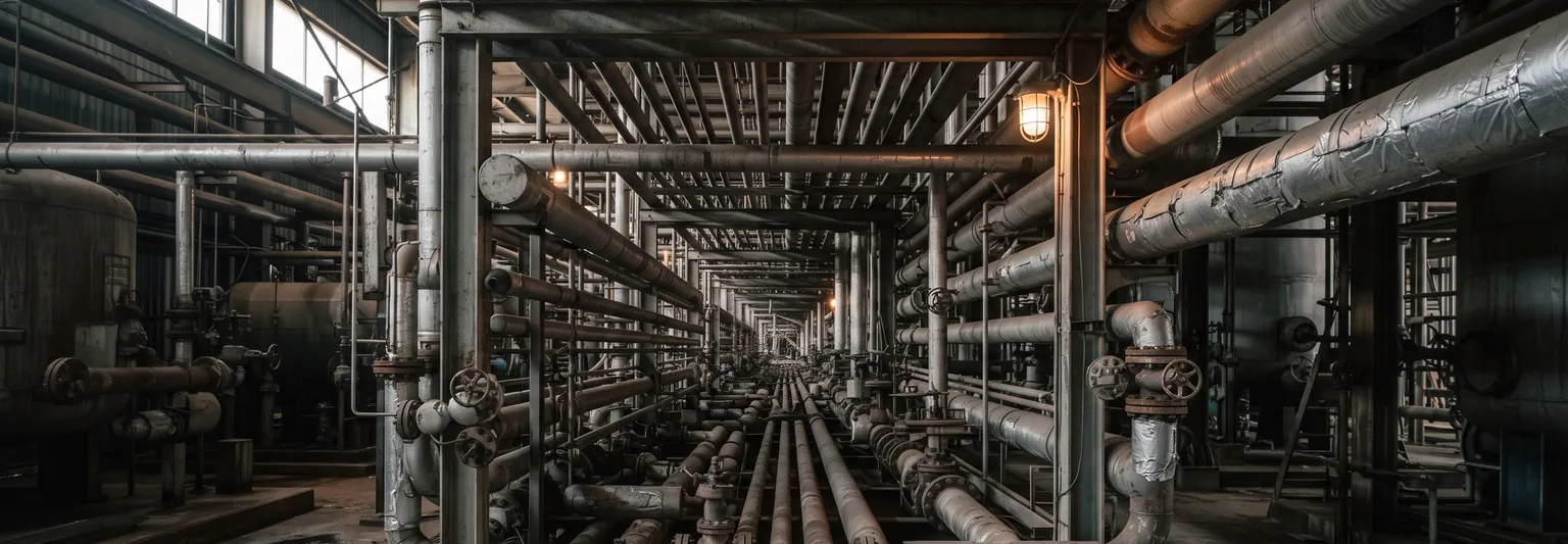Dense process piping running through an industrial plant, the conditions industrial BIM validation is carried out in.