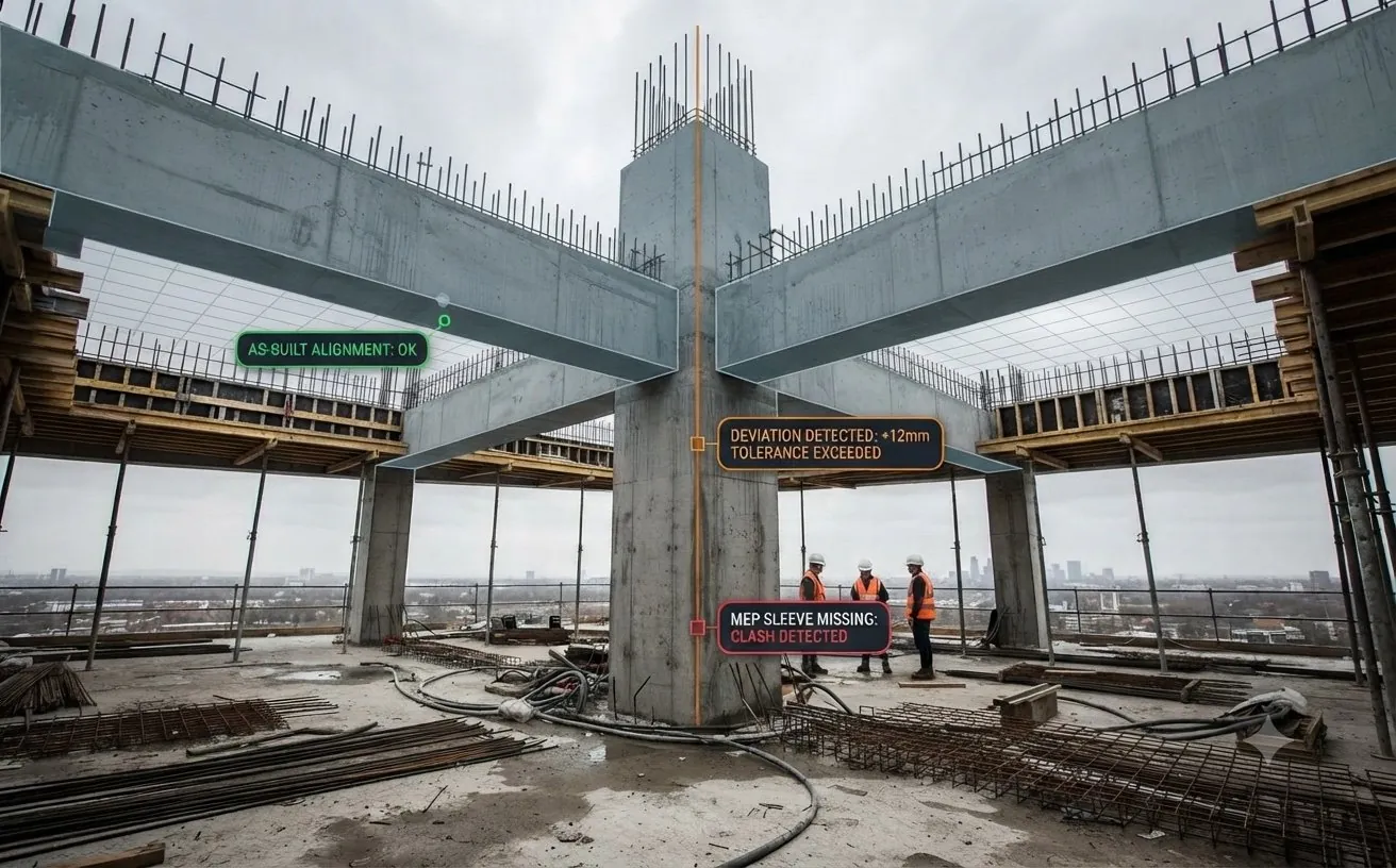 The same concrete frame with the IFC model drawn over it, showing where the built structure departs from the design.