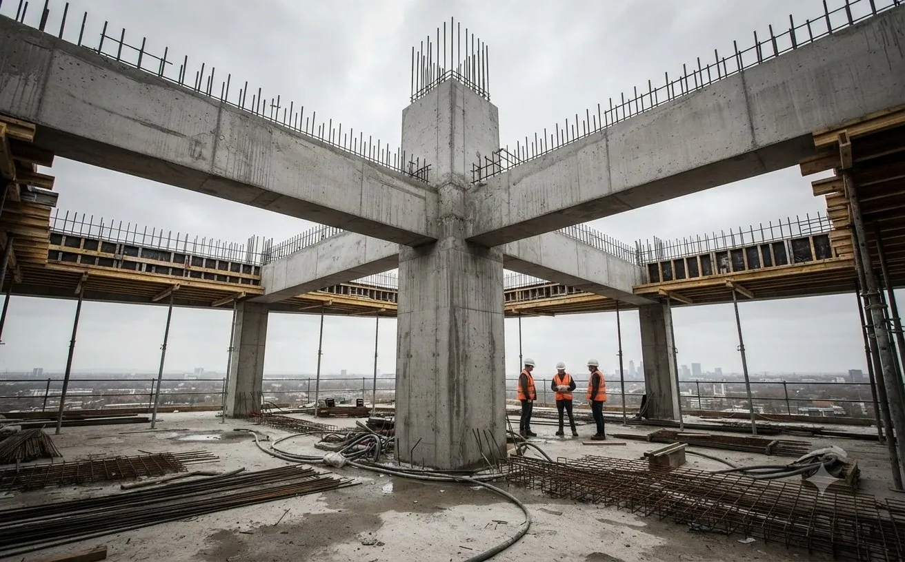 A reinforced concrete frame on site, poured last week.
